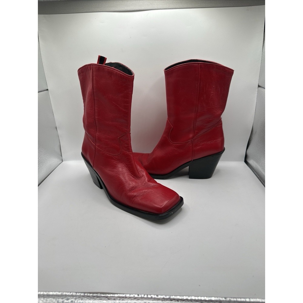 Guess Vintage Bright Red Leather Western Square Toe Block Heels Sz 39 RARE - Picture 12 of 13